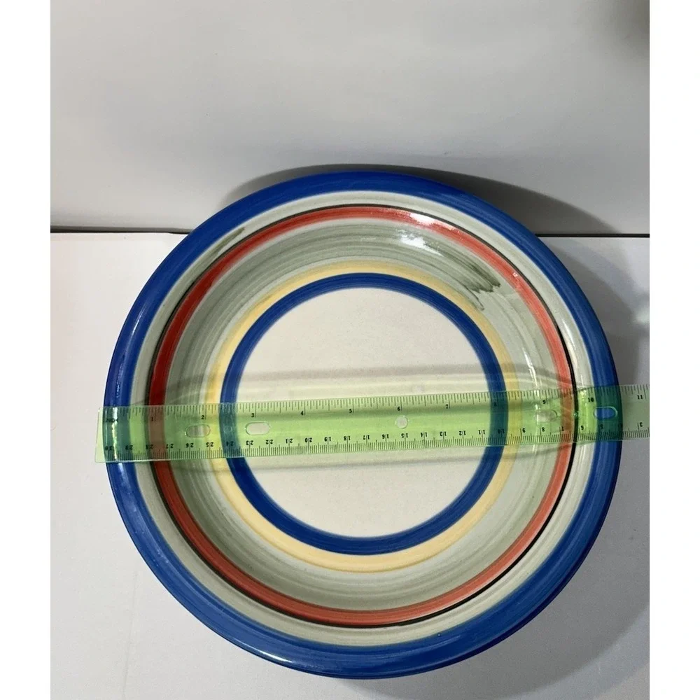 Vtg Gibson Rainbow Striped Hand Painted Rim Ceramic Dinner Plate 10.5in Set Of 6